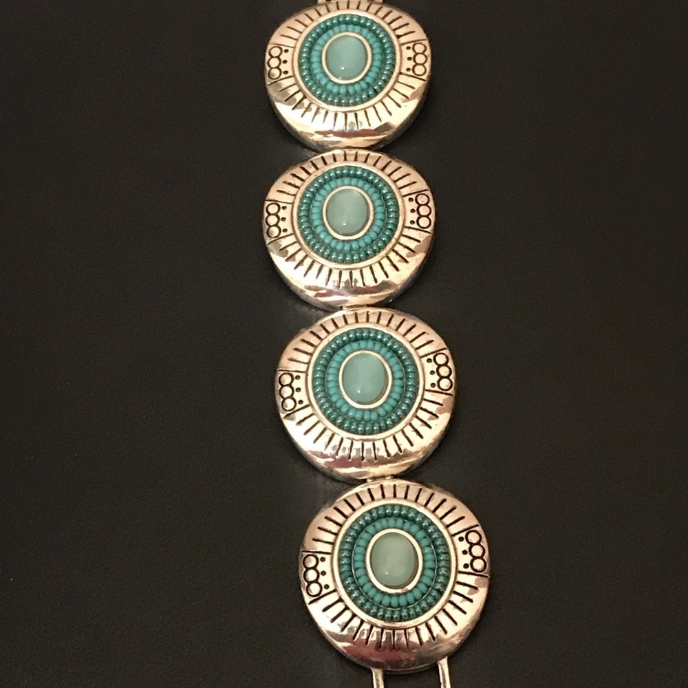 Vintage Brighton Chunky Turquoise Medallion Aqua Blue Bead Silver-Tone Bracelet
